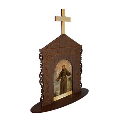 Imagem de Display Enfeite de Mesa Religioso Capelinha Oratório São Francisco de Assis 20cm Mdf Madeira Imbuia