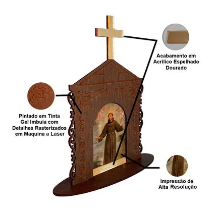 Imagem de Display Enfeite de Mesa Religioso Capelinha Oratório São Francisco de Assis 20cm Mdf Madeira Imbuia
