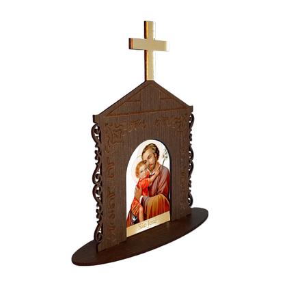 Imagem de Display Enfeite de Mesa Religioso Capelinha Oratório São José 20cm Mdf Madeira Imbuia