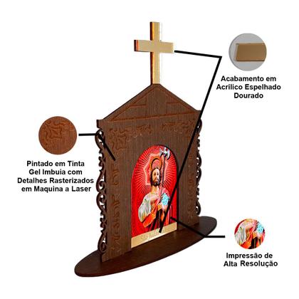 Imagem de Display Enfeite de Mesa Religioso Capelinha Oratório São Judas Tadeu 20cm Mdf Madeira Imbuia