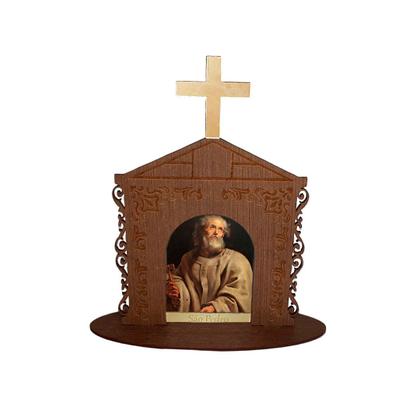 Imagem de Display Enfeite de Mesa Religioso Capelinha Oratório São Pedro 20cm Mdf Madeira Imbuia