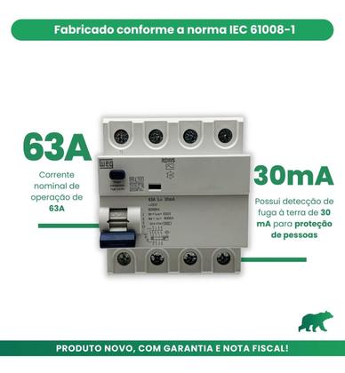 Imagem de Dispositivo DR Interruptor Diferencial Residual Tetrapolar 63a 30ma