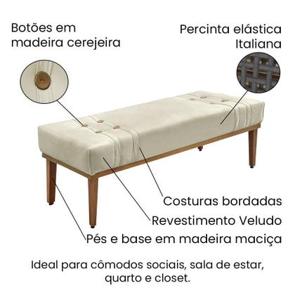 Imagem de Divã Recamier Banco Base Madeira Para Quarto Gênova 90cm Veludo Bege S04 - D'rossi