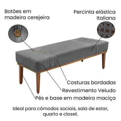 Imagem de Divã Recamier Banco Base Madeira para Quarto Gênova 90cm Veludo Cinza S04 - D'Rossi