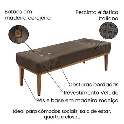 Imagem de Divã Recamier Banco Base Madeira Para Quarto Gênova 90cm Veludo Marrom S04 - D'rossi