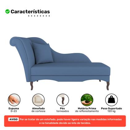 Imagem de Divã Recamier Chaise Longue Valentina Clássico com Pés de Madeira Linho Azul Denim - Desk Design