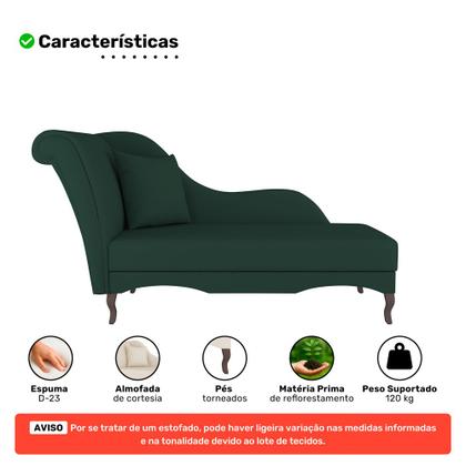 Imagem de Divã Recamier Chaise Longue Valentina Clássico com Pés de Madeira Veludo Verde Escuro - Desk Design