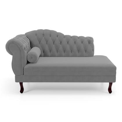 Imagem de Divã Recamier Lavínia Clássico 120cm Capitonê com Pés de Madeira Suede Cinza - Desk Design