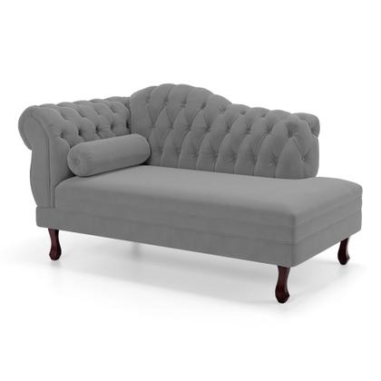 Imagem de Divã Recamier Lavínia Clássico 120cm Capitonê com Pés de Madeira Suede Cinza - Desk Design