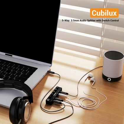Imagem de Divisor de áudio Cubilux de 5 vias de 3,5 mm com controle de interruptor de alumínio