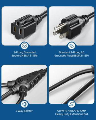 Imagem de Divisor de cabo de extensão DEWENWILS 1 a 3, 45cm 16/3 125V