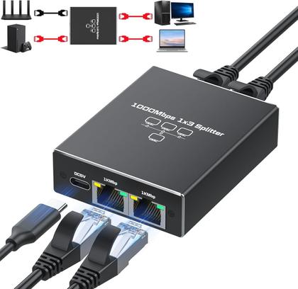 Imagem de Divisor Ethernet Rj45 Gigabit 1x3 1000mbps Cat 5/5e/6/7/8