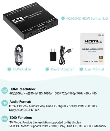 Imagem de Divisor HDMI avedio conecta saída 4K @60Hz 1x2 com saída de áudio