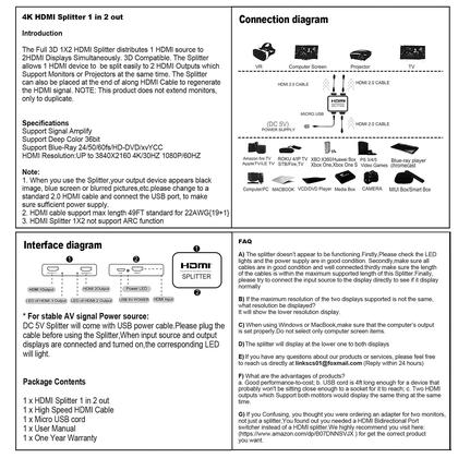 Imagem de Divisor HDMI avedio links 1x2 4K para monitores duplos com cabo