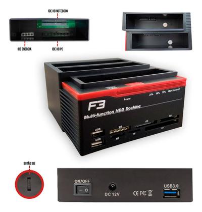 Imagem de Dockstation 3 Em 1 P/ 2 Hds Sata 1 Hd Ide 2.5 3.5 Usb 3.0