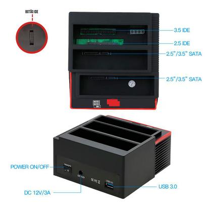 Imagem de Dockstation 3 Em 1 P/ 2 Hds Sata 1 Hd Ide 2.5 3.5 Usb 3.0