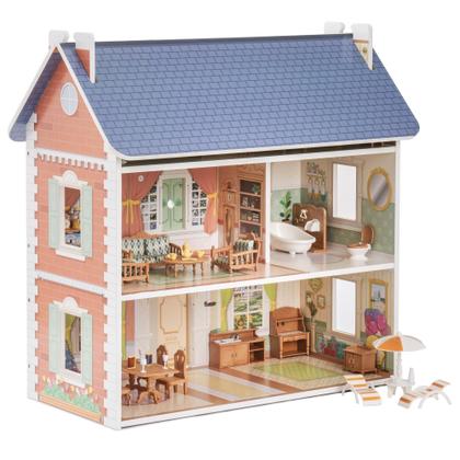 Imagem de Dollhouse ROBUD de madeira para crianças, meninas e meninos de 3 a 6 anos com móveis