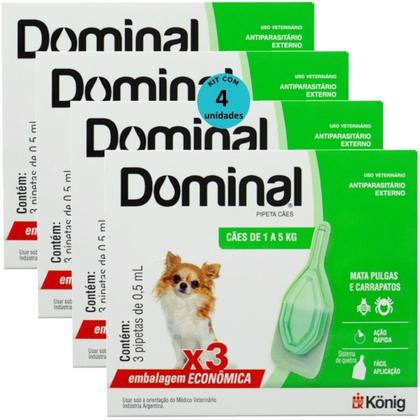 Imagem de Dominal pipeta para cães 1 a 5kg 0,5ml verde 3 unid. kit com 4 cxs prevenção de pulgas e carrapatos