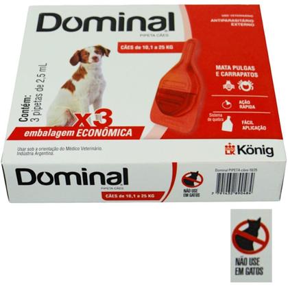 Dominal pipeta para cães 10,1 a 25kg 2,5ml vermelho 3 unid. kit com 4 cxs prevenção de pulgas e carrapatos - Konig Imagem de Dominal pipeta para cães 10,1 a 25kg 2,5ml vermelho 3 unid. kit com 4 cxs prevenção de pulgas e carrapatos