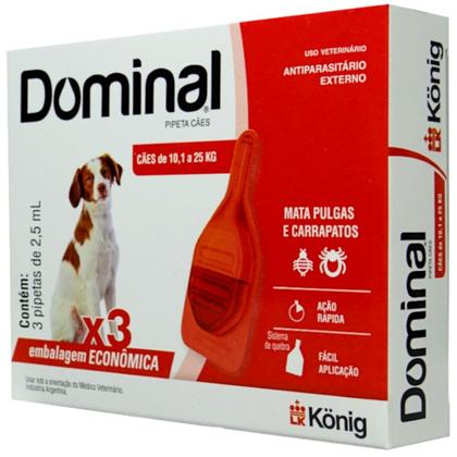 Dominal pipeta para cães 10,1 a 25kg 2,5ml vermelho 3 unid. kit com 4 cxs prevenção de pulgas e carrapatos - Konig Imagem de Dominal pipeta para cães 10,1 a 25kg 2,5ml vermelho 3 unid. kit com 4 cxs prevenção de pulgas e carrapatos