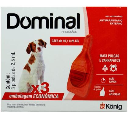 Dominal pipeta para cães 10,1 a 25kg 2,5ml vermelho 3 unid. kit com 4 cxs prevenção de pulgas e carrapatos - Konig Imagem de Dominal pipeta para cães 10,1 a 25kg 2,5ml vermelho 3 unid. kit com 4 cxs prevenção de pulgas e carrapatos