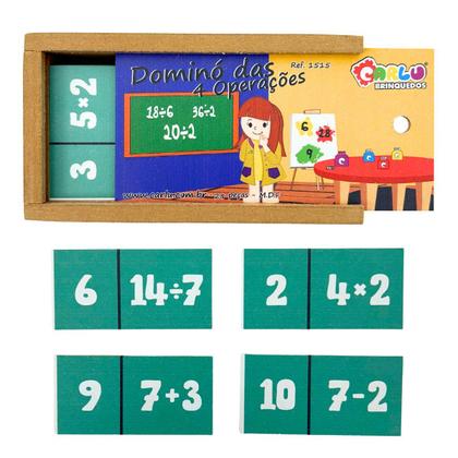 Imagem de Dominó Educativo 4 Operações Matemáticas Jogo Pedagógico Adição Subtração Multiplicação Divisão Madeira Carlu 7 anos