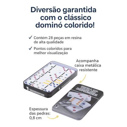 Imagem de Dominó Osso Caixa de Metal Peças Coloridas Double Six