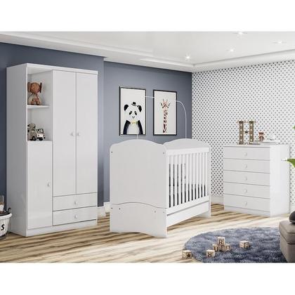 Imagem de Dormitório Bala de Menta Guarda Roupa, Cômoda e Berço Branco Brilho com Colchão - Móveis Henn