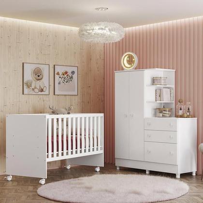 Imagem de Dormitório Doce Sonho Guarda Roupa com Cômoda com Pés e Berço Reto Branco - Qmovi