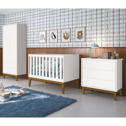Imagem de Dormitório Infantil Classic 2 Portas, Cômoda 3 Gavetas e Berço Branco Fosco com Pés Amadeirado - Reller Móveis