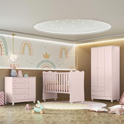 Imagem de Dormitório Infantil Doce Sonho 3 Portas, Cômoda 1 Porta e Berço com Rodízio - Qmovi