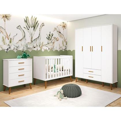 Imagem de Dormitório Infantil Isis Guarda Roupa 4 Portas, Cômoda e Berço Branco com Colchão D18 - Reller Móveis