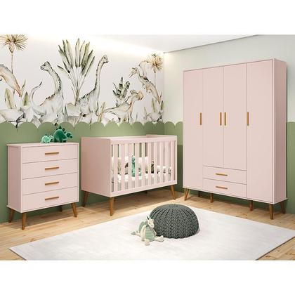 Imagem de Dormitório Infantil Isis Guarda Roupa 4 Portas, Cômoda e Berço Rosa com Colchão - Reller Móveis