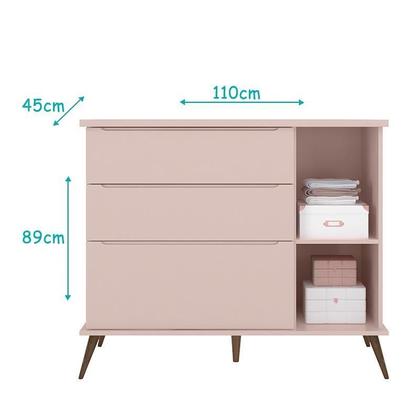 Imagem de Dormitório Melinda Guarda Roupa, Cômoda e Berço Retrô Rosê Acetinado com Colchão Physical - Phoenix Baby