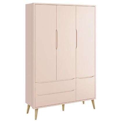 Imagem de Dormitório Theo 3 Portas, Mesa de Canto Rosa com Pés Madeira Natural e Colchão D18 - Reller Móveis