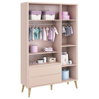 Imagem de Dormitório Theo 3 Portas, Mesa de Canto Rosa com Pés Madeira Natural e Colchão D18 - Reller Móveis