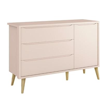 Imagem de Dormitório Theo 3 Portas, Mesa de Canto Rosa com Pés Madeira Natural e Colchão D18 - Reller Móveis