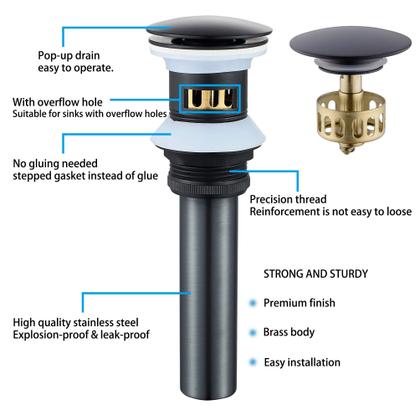 Imagem de Dreno de pia de banheiro VOTON Pop-Up Black Brass, 6x6x10cm