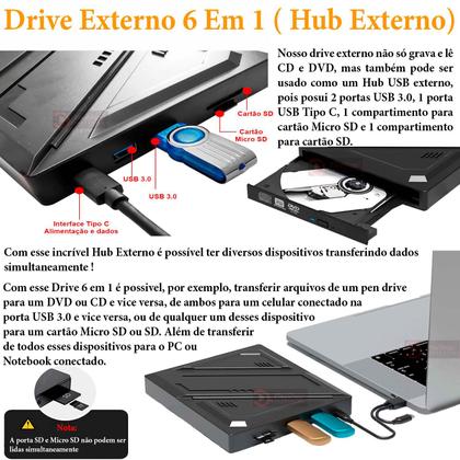 Imagem de Drive externo 6 Em 1 - HUB Leitor E Gravador de CD DVD, Com 2 Porta USB 3.0 1 Tipo C  1 Slot Cartão Micro SD e 1 SD