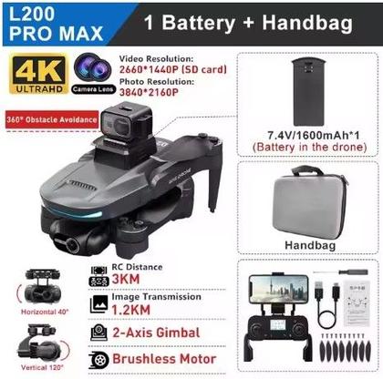 Imagem de Drone Profissional L200 Pro Max 4K GPS Gimbal Duplo 2 Eixos Sensor Obstáculos Cinza