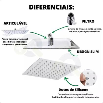 Imagem de Ducha Chuveiro 20x20 Slim Cromado Inox + Braço Quadrado luxo