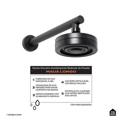 Imagem de Ducha Chuveiro Autolimpante Redondo de Parede Longo Mauá Pingoo.casa