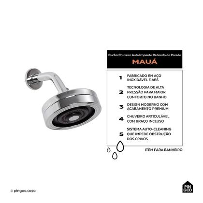 Imagem de Ducha Chuveiro Autolimpante Redondo de Parede Mauá Pingoo.casa