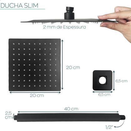 Imagem de Ducha Chuveiro Preto Fosco 20x20 Slim Inox quadrado Braço de Teto vertical banheiro