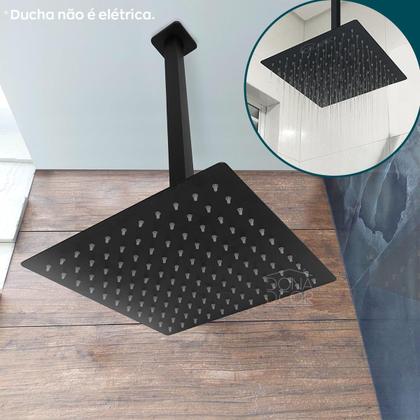 Imagem de Ducha Chuveiro Preto Fosco 20x20 Slim Inox quadrado Braço de Teto vertical banheiro