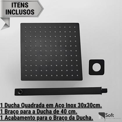 Imagem de Ducha Chuveiro Quadrada Slim 30x30cm em Aço Inox para Banheiro e Área Externa com Braço 40cm  Softinox
