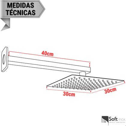 Imagem de Ducha Chuveiro Quadrada Slim 30x30cm em Aço Inox para Banheiro e Área Externa com Braço 40cm  Softinox