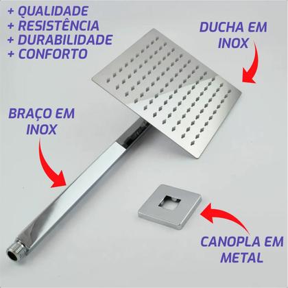 Imagem de Ducha Chuveiro Slim Inox Quadrado 20x20cm com Braço 40cm Alta Vazão Banho Confortável e Moderno