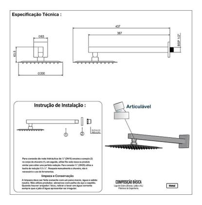 Imagem de Ducha Chuveiro Slim Quadrado Metal 20X20Cm Com Braço 38Cm