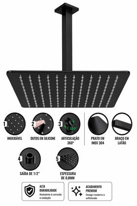 Imagem de Ducha Cromada 25cm. Slim Quadrado Preto Fosco Para Teto